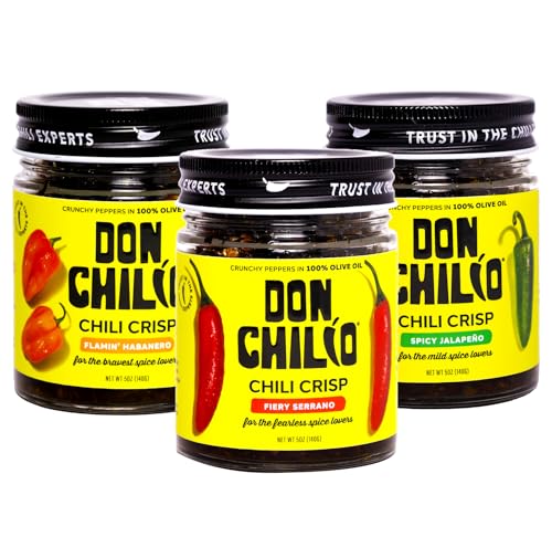 Don Chilio Mexican Chile Crisp Variety Bundle, 5 oz., 3 Pack - Crunchy Sliced Habanero, Jalapenos & Serrano Fried Chili Peppers in Hot Seasoned 100%