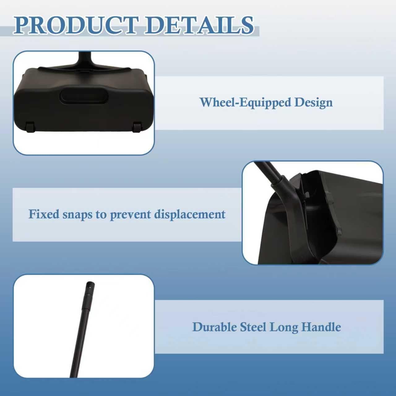 Primero Basics Broom and Dustpan Set with Long Handle and Wheels, Upright Standing Heavy Duty Large Dust Pan and Broom Combo for Indoor Outdoor