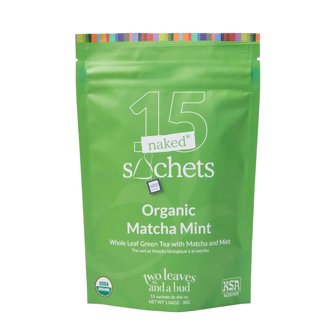 Two Leaves and a Bud Organic Matcha Mint - 15 Naked Tea Sachets, Whole Leaf Green Tea and Matcha in Unwrapped Pyramid Sachets, Resealable Bag, 15