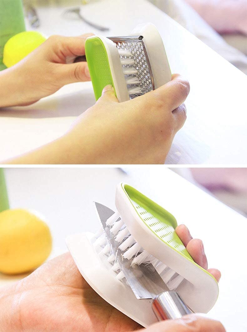 Non-Slip Blade Brush, Knife Cleaner, ABS Cutlery Cleaner, Green Double Sided Bristle Scrubber for Kitchen Chopsticks Fork Spoon Knives Washing by