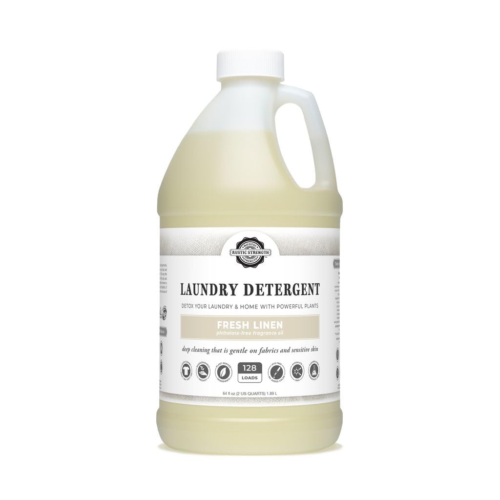 Rustic Strength Natural Laundry Detergent, Fresh Linen Scent, Liquid, Color Safe, Sensitive Skin, HE Compatible, 64 oz Plastic