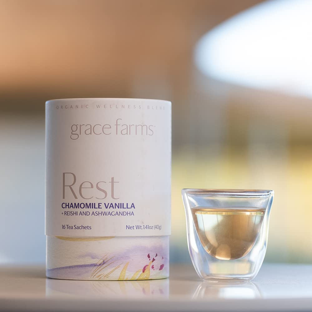 Grace Farms REST Wellness Organic Tea Blend (16 Pyramid Sachets) | Sleep and Stress Support For Evening | Chamomile Vanilla Tea with Adaptogenic Herbs
