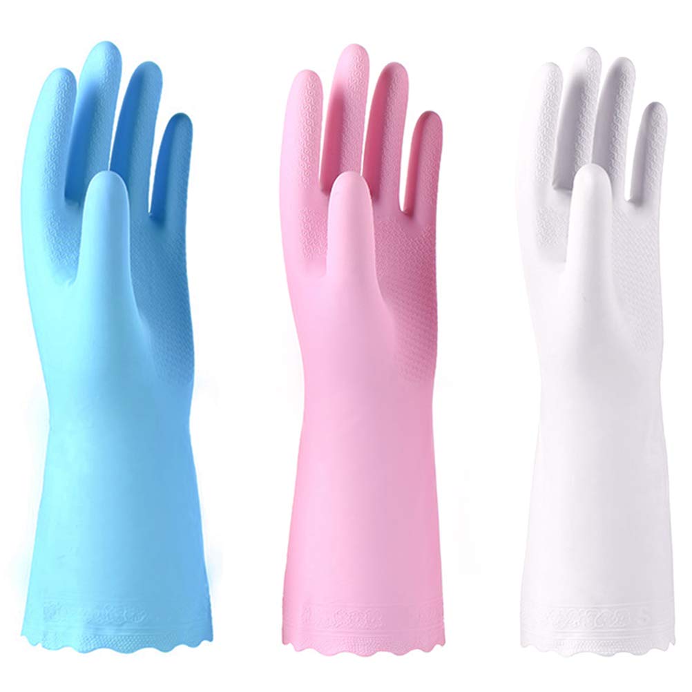 Alimat PluS 3 Pack Reusable Cleaning Gloves Latex Free, Dishwashing Gloves with Cotton Flock Liner and Embossed Palm, Waterproof Household Gloves