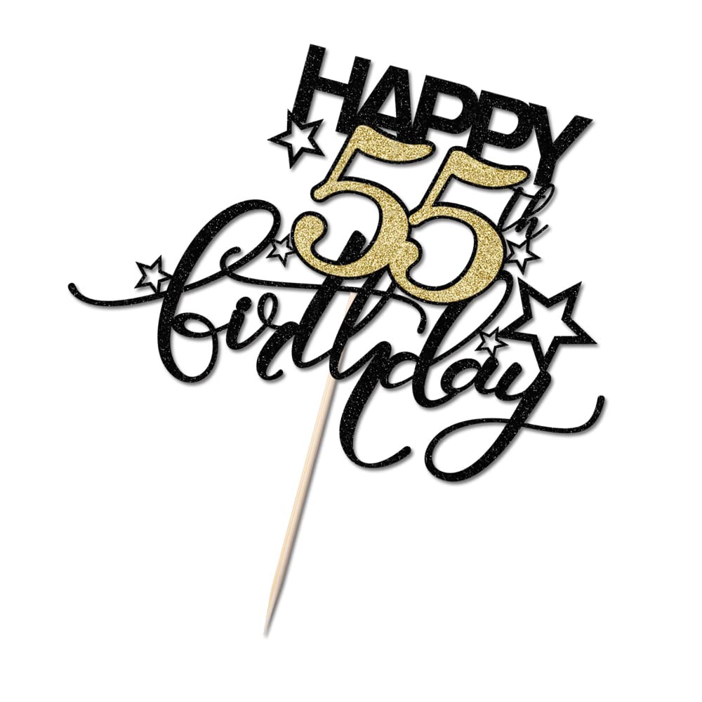 Bekaterea Happy Birthday Cake Topper,Black font Golden Numbers 55th Birthday Cake Decoration?Hello 55, Cheers to 55Years/55th Anniversary ?55