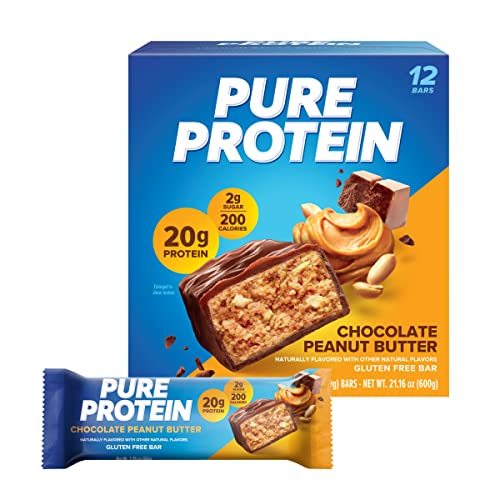 Pure Protein Chocolate Peanut Butter Protein Bars - 20g Protein, 3g Sugar, 190 Calories (12 count) Low Sugar* High Protein Snack - Gluten Free