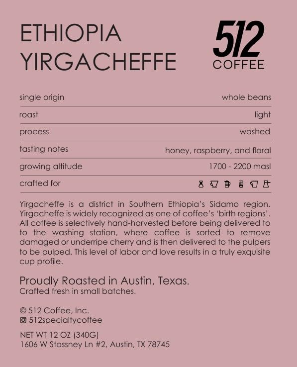 512 Coffee Ethiopia Yirgacheffe Light Roast Whole Bean - Single Origin Specialty Coffee with Tasting Notes of Raspberry, Honey & Floral - Fresh