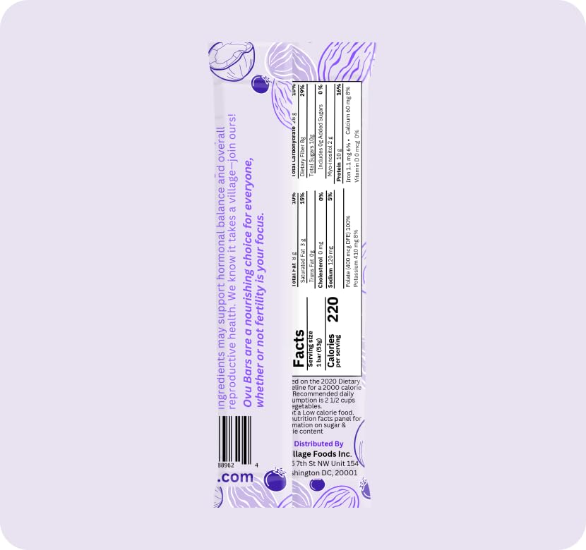 OVU Bar - Fertility, Pregnancy & Postpartum Nutrition Support for Women, Myo-Inositol, Folic Acid, Maca, High Protein, High Fiber, Blueberry Almond, 9
