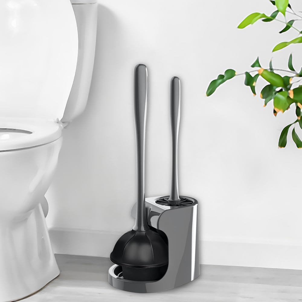 2 in 1 Toilet Brush and Plunger Set - Toilet Brush with Solid Handle, Stand and Holder for Deeply Cleaning in Bathrooms - Plastic Toilet Brush