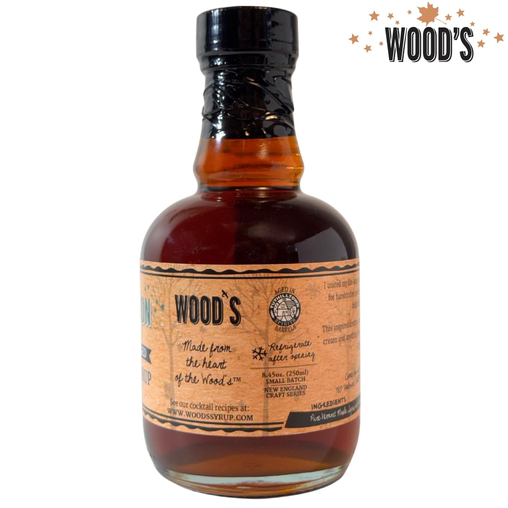 WOOD'S Vermont Bourbon Barrel Aged Maple Syrup - Premium Maple Syrup with Rich Flavor & Subtle Bourbon Notes - Ideal for Pancakes, Desserts