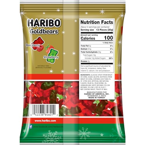 Haribo Limited Edition Holiday Themed Gummies, Assorted Fruit Flavored Red & Green Gummi Bears for Stocking Stuffers or Gifts, 4 oz Bags (Pack of 12)