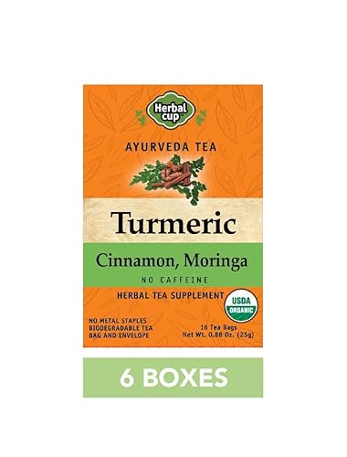 Herbal Cup Ayurveda Turmeric Tea, Organic Cinnamon Moringa, No Caffeine Herbal Supplement (16 Count, Pack of 6)