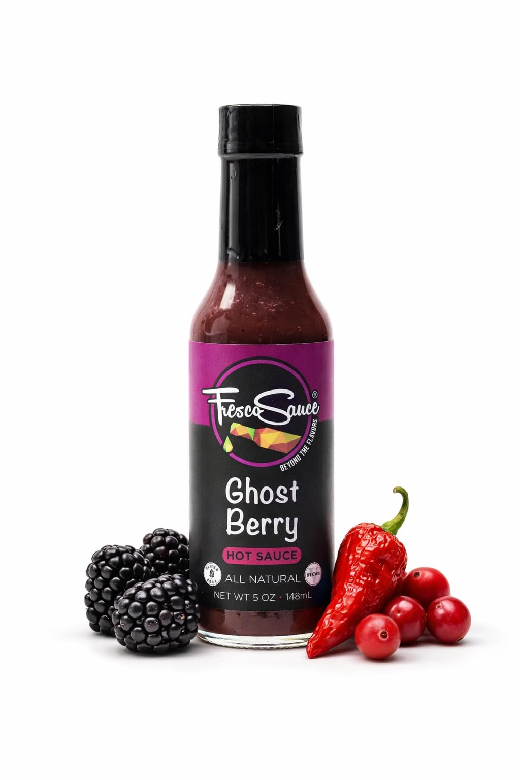 Ghost Berry Hot Sauce by Fresco Sauce - Ghost Pepper - Blackberry - Cranberry Juice - Flavorful - All Natural - Vegan - Gluten Free - 5 fl oz