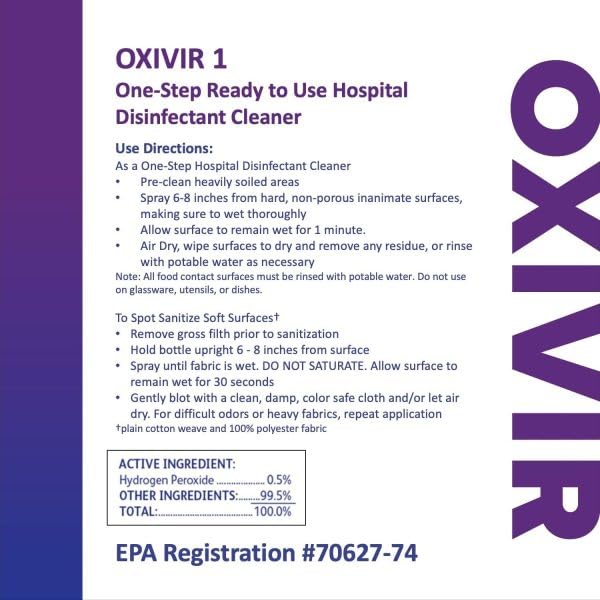 Oxivir Diversey 1 100850916 One Step Hospital Strength Liquid Disinfectant Cleaner, Accelerated Hydrogen Peroxide AHP, Ready-to-Use, 32-Ounce