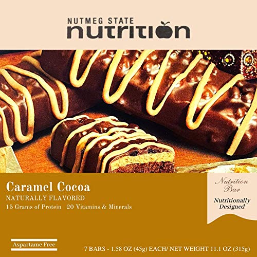 Nutmeg State Nutrition High Protein Snack and Meal Replacement Bar/Diet Bars - Caramel Cocoa (7ct) - Trans Fat Free, Aspartame Free, Kosher, High