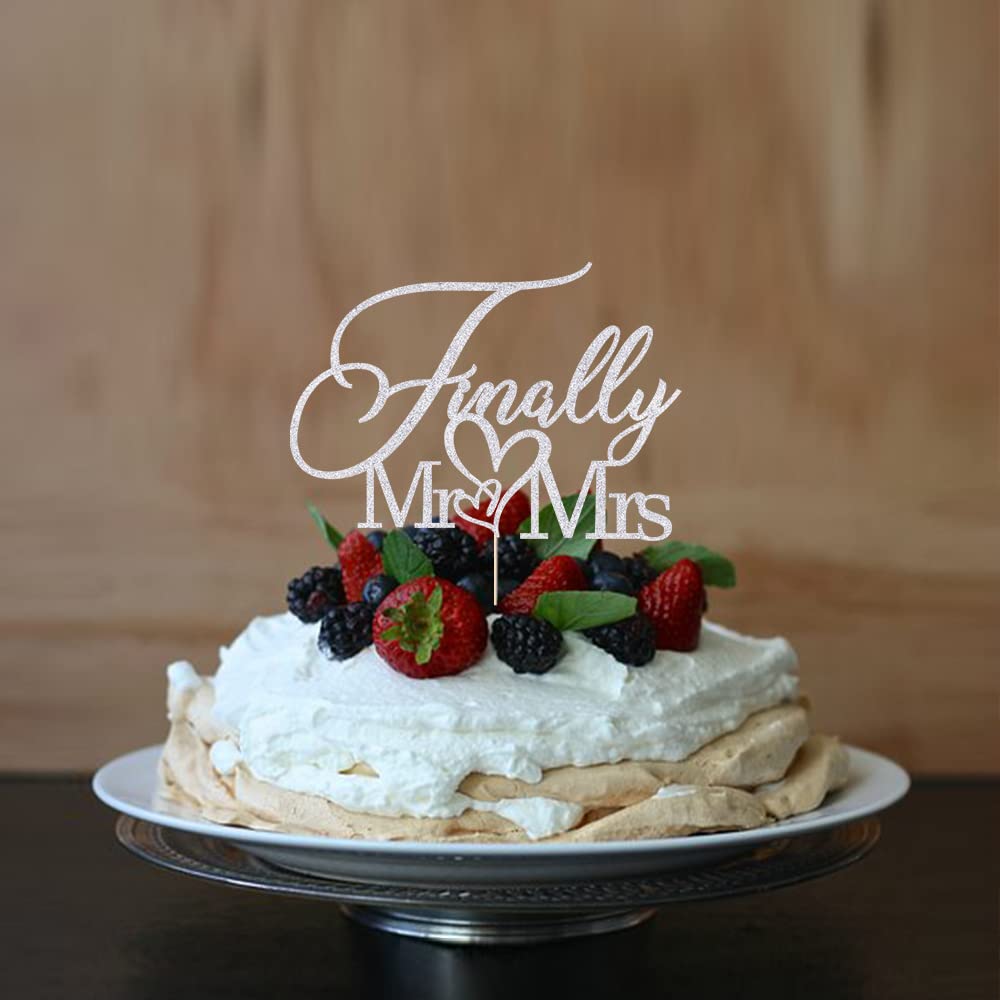 Finally Mr & Mrs Cake Topper,Wedding Anniversary Bridal Shower Party Decorations,Romantic Wedding Party Decorative Cake Toppers (Silvery)