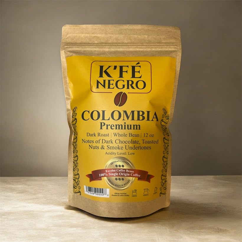K’FE Negro Premium Colombia Excelsa Coffee Beans, Dark Roast Whole Bean, Single Origin, 12 oz