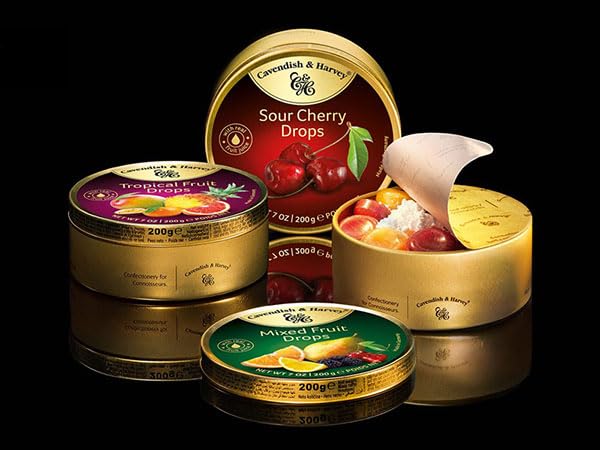 Cavendish and harvey variety flavor hard candy drops sour cherry, wild berry, tropical fruit, sour lemon, raspberry and peach, mixed fruit and other
