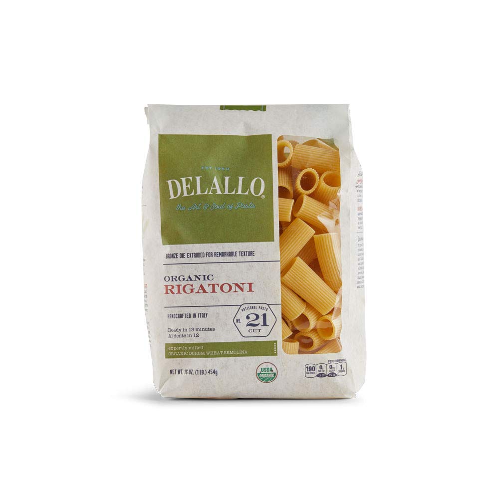 DeLallo Organic Rigatoni Pasta, Made with 100% Semolina Durum Wheat Flour, Bronze Cut, Made in Italy, Non-GMO, Preservative Free, Large Tube Pasta