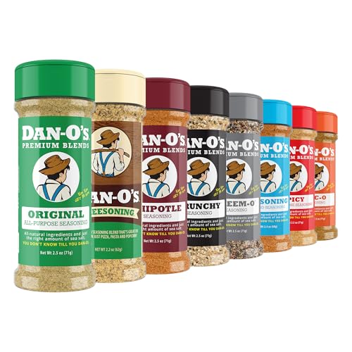 Dan-O’s Seasoning Variety Pack - 8 Bottle Set (Extra-Small Bottles) - Original, Spicy, Chipotle, Crunchy, Cheesoning, Preem-O, SEA-soning & Tac-O