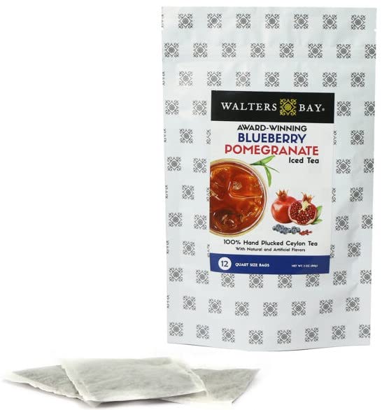 Walters Bay Blueberry Pomegranate Iced Tea, 12 Count, Quart Sized Tea Bags, Ceylon Black Tea, Unsweetened, Wild Blueberry Pomegranate Flavor, 100%