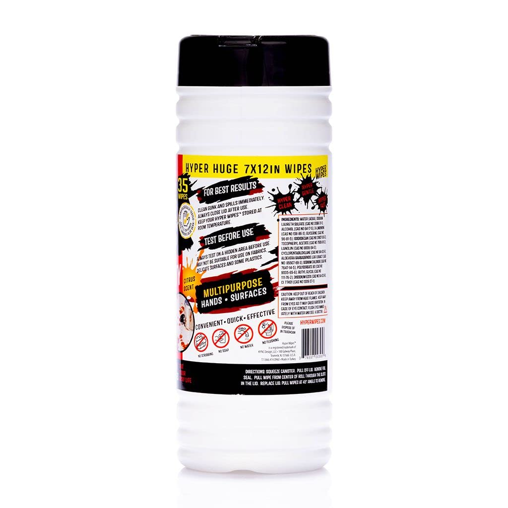 Hyper Wipes, 4 Pack Heavy Duty Hand & Tool Cleaning Wipes, 7"x12" Size Multi-Surface Cleaning Wipes, Degreasing, All Purpose Cleaner, Bathroom