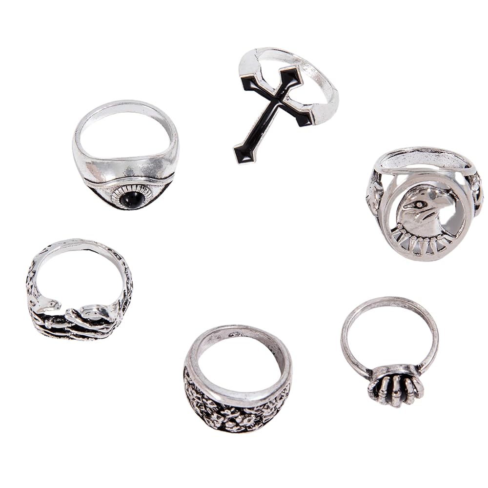 Cross skull ring set of six, eye eagle men's ring set