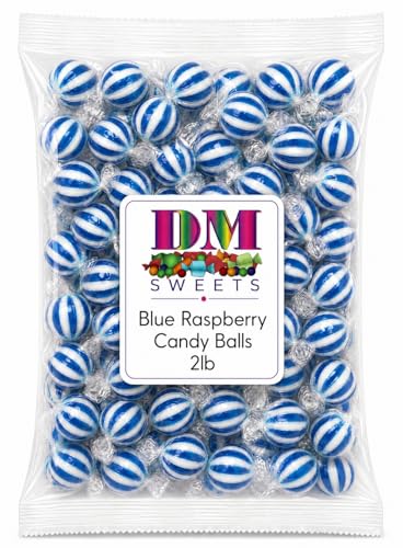 Jumbo Blue Raspberry Striped Candy Balls - 2 lbs of Fresh Individually Wrapped Blue White Sweet Hard Candy Suckers