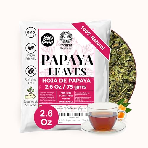 Akshit Dried Papaya Leaves, Leaf Tea, 100% Natural Green Papaya Leaf, 2.6oz, Dried Loose Leaves, Non GMO, No Additives, Caffeine Free.