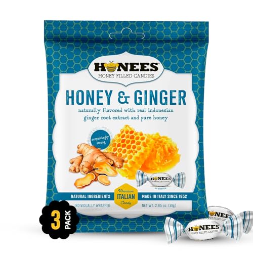 Honees Honey & Ginger Hard Candy Individually Wrapped | Natural & Healthy Candy, Italian Made with Real Honey & Indonesian Ginger, 3 Pack (8.55 oz)