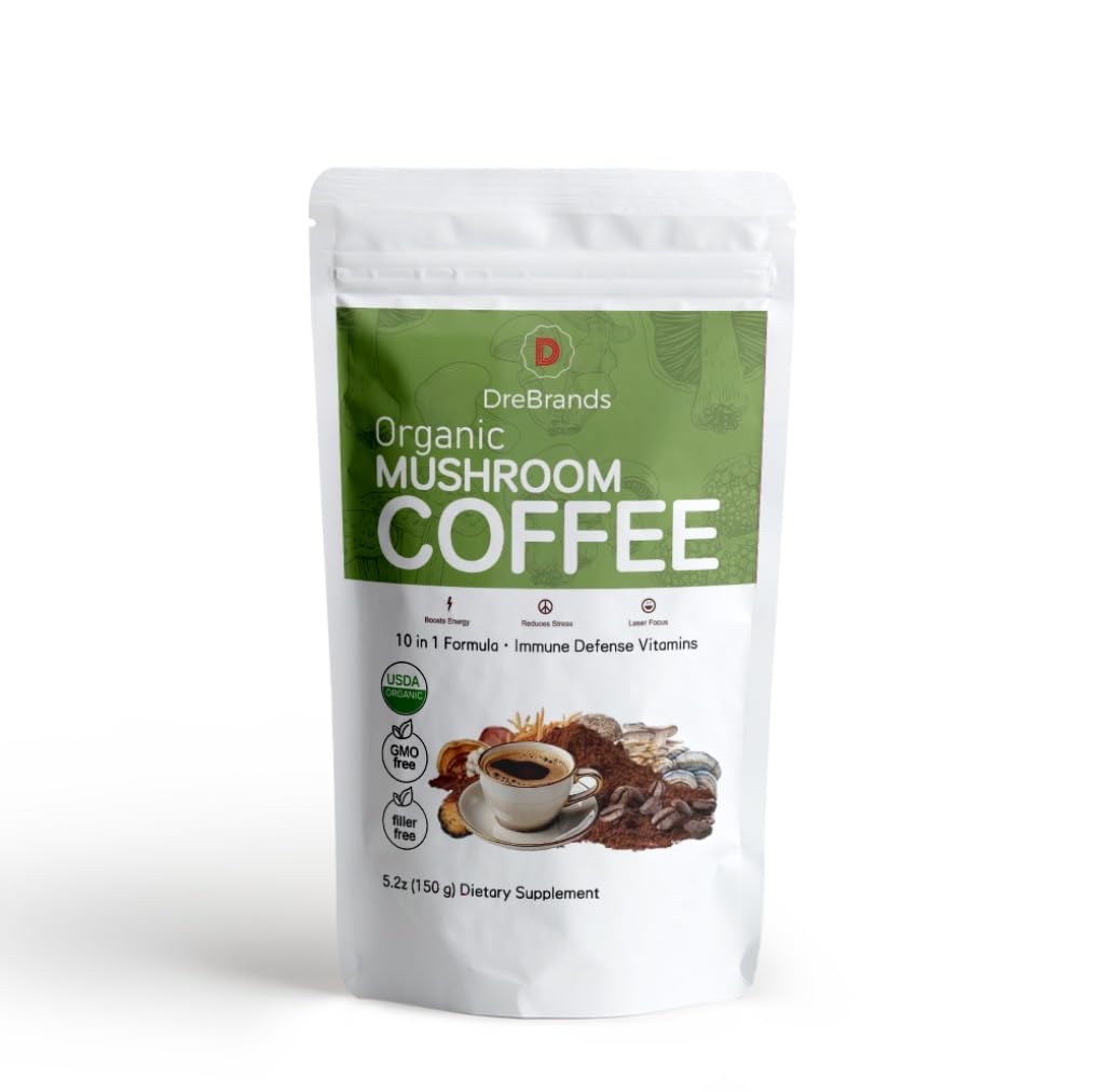 DreBrands Mushroom Coffee |10 in 1 Organic Mushrooms | USDA Organic | Instant Coffee | Wood Ear | Better Energy, Focus, Digestion, Immunity |