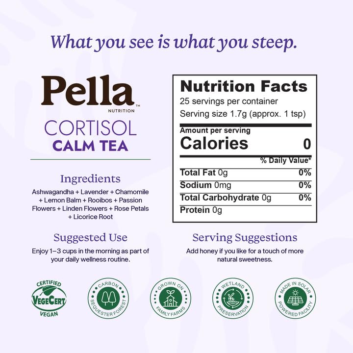 Cortisol Calm Tea - 9-Herb Relaxation Formula - Ashwagandha Chamomile Lavender Lemon Balm Rooibos Passion Flowers Linden Flowers Rose Licorice - Vegan