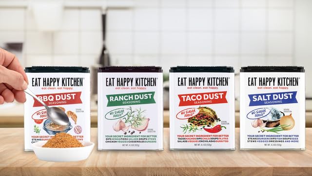 Eat Happy Kitchen Salt Dust Seasoning, 4.3 Oz - All-Purpose Salt & Pepper Replacement - No Sugar Added, Gluten Free, No Fillers - Clean Flavor