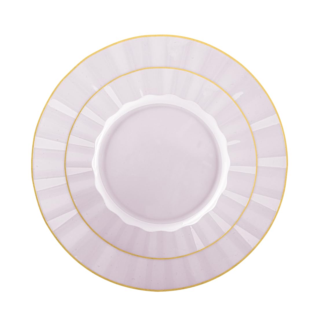 Lillian Tablesettings 32-Piece Pink Plastic Plates Set, 16×10" Dinner & 16×7" Salad Plates, Heavyweight Disposable Plates with Gold Rim, Elegant Petal