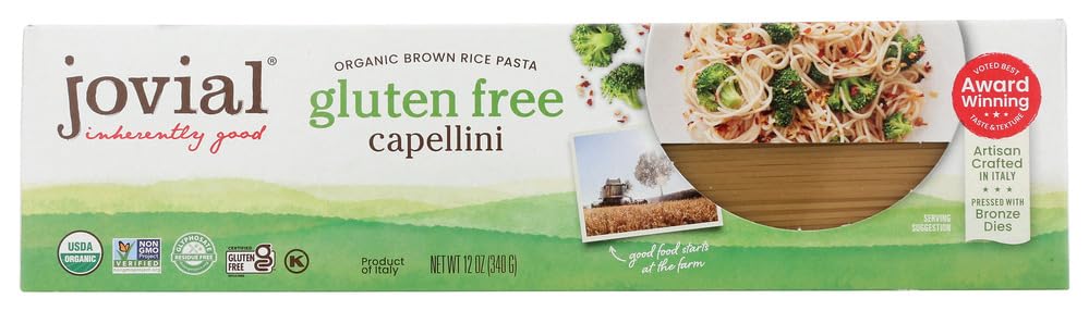Jovial Whole Grain Brown Rice Capellini Pasta - Whole Grain Pasta, Organic, Gluten Free, Dairy Free, Brown Rice Pasta, Made in Italy - 12 Oz