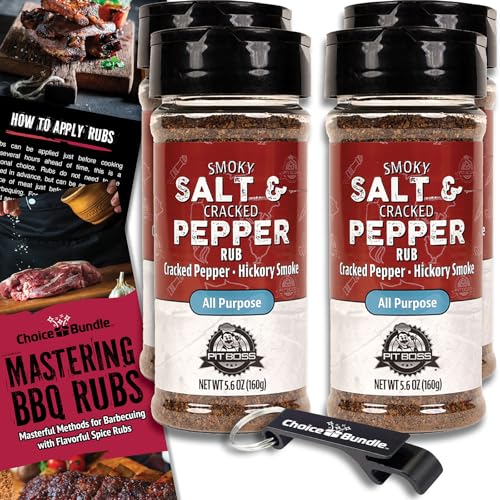 Pit Boss Smoky Salt & Cracked Pepper All Purpose AP Premium BBQ Barbecue Mixed Seasoning Spice & Rub 4 pk Choice Bundle (22.4 oz) + Guide & Keychain