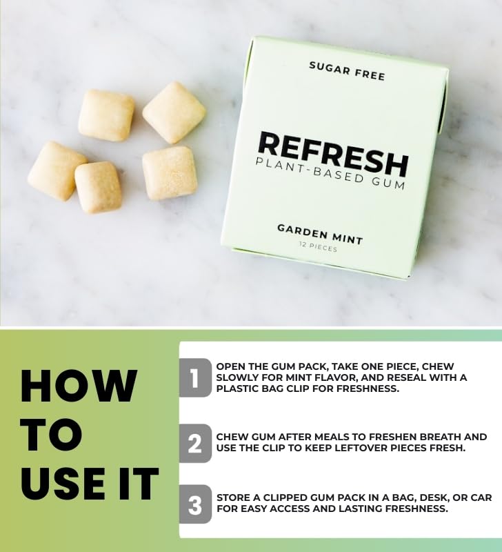 1x Refresh Gum Garden Mint (12 PC.) Bundle with Plastic Bag Clip for Resealing Packs and Maintaining Neat Storage - Gift Set (2 Items)