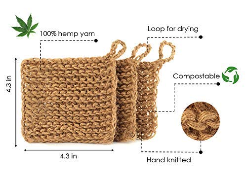 Natural Hemp Sponges for Dishes - Biodegradable Scrubber for dishwashing -Organic Reusable Unsponges Hand Knitted- Eco Friendly 100%-Compostable Set