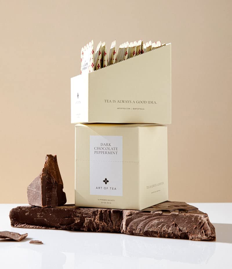 Art of Tea Dark Chocolate Peppermint 12 Count Tea Bags, Organic Pu-Erh Dessert Tea with Cocoa Nibs & Peppermint, Premium Pyramid Sachets for After