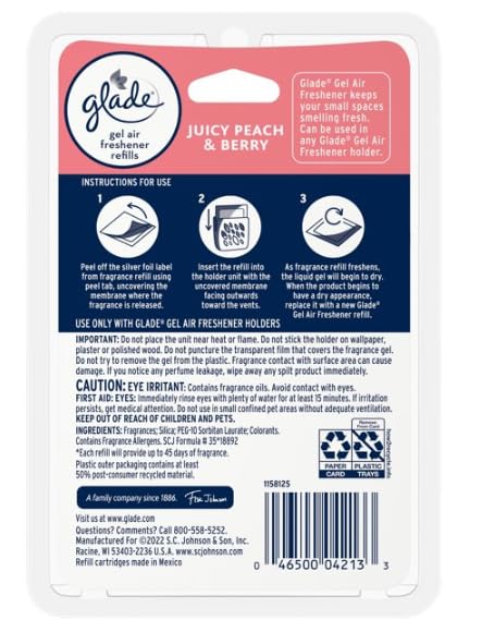 Glade Gel Air Freshener, 2 Count Refills, Juicy Peach & Berry, 0.56 oz