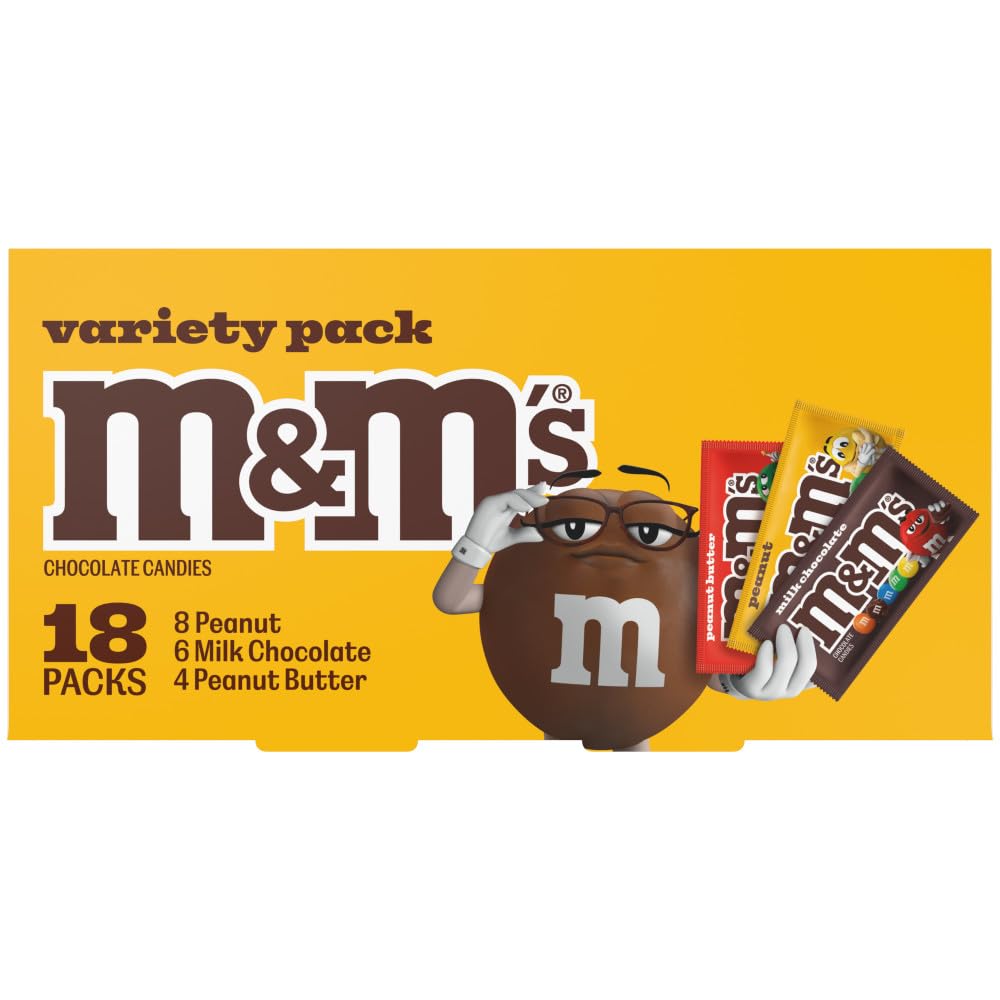 M&M'S Milk Chocolate, Peanut, and Peanut Butter Candy Variety Pack, Individually Wrapped Full Size Pack of 18 Bulk Candy Chocolate for Parties, Baking