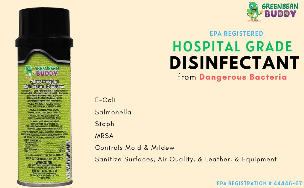 Green Bean Buddy Hospital Grade Disinfectant Flu Spray, Tubercilocidal, Herpes Spray, Staph Infection, HIV, Mold Control, All Surface Sanitizer, 20oz