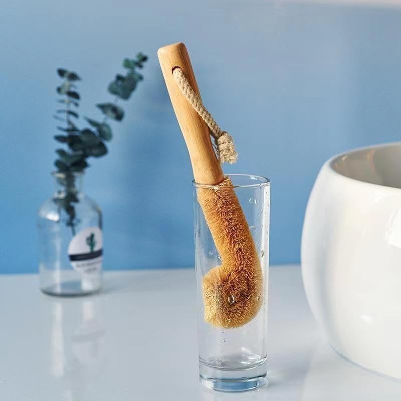 Hangable Coconut Fibre Bottle Cleaning Brush with Wooden Handle, Bottle Washing Brush, Pan Scrub, Sturdy, Bottle Vase Glassware Water Cleaning Brush