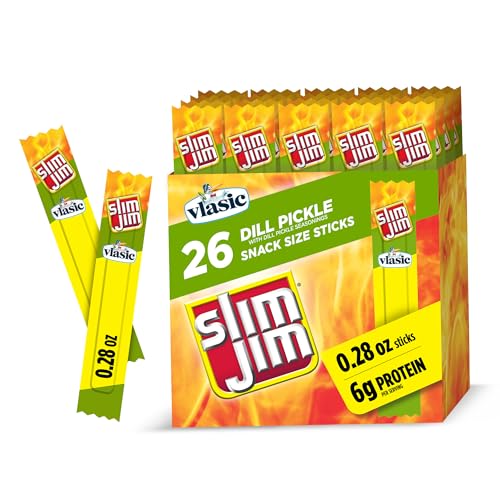 Slim Jim Smoked Meat Sticks, Vlasic Dill Pickle Flavor, 6g Protein Per Serving, Snack Size, 0.28 oz. (26 Count)
