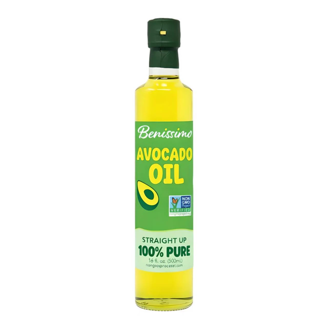 Benissimo 100% Pure Avocado Oil, 500ml Glass Bottle, Allergen-Free and Non-GMO, Premium Cold-Pressed Cooking Oil for Grilling, Sautéing, Baking