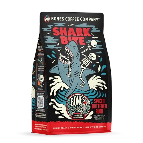 Bones Coffee Company Shark Bite, Buttered Rum Flavored Coffee, Medium Roast Low Acid Arabica Beans Compatible with Auto drip and French Press Coffee