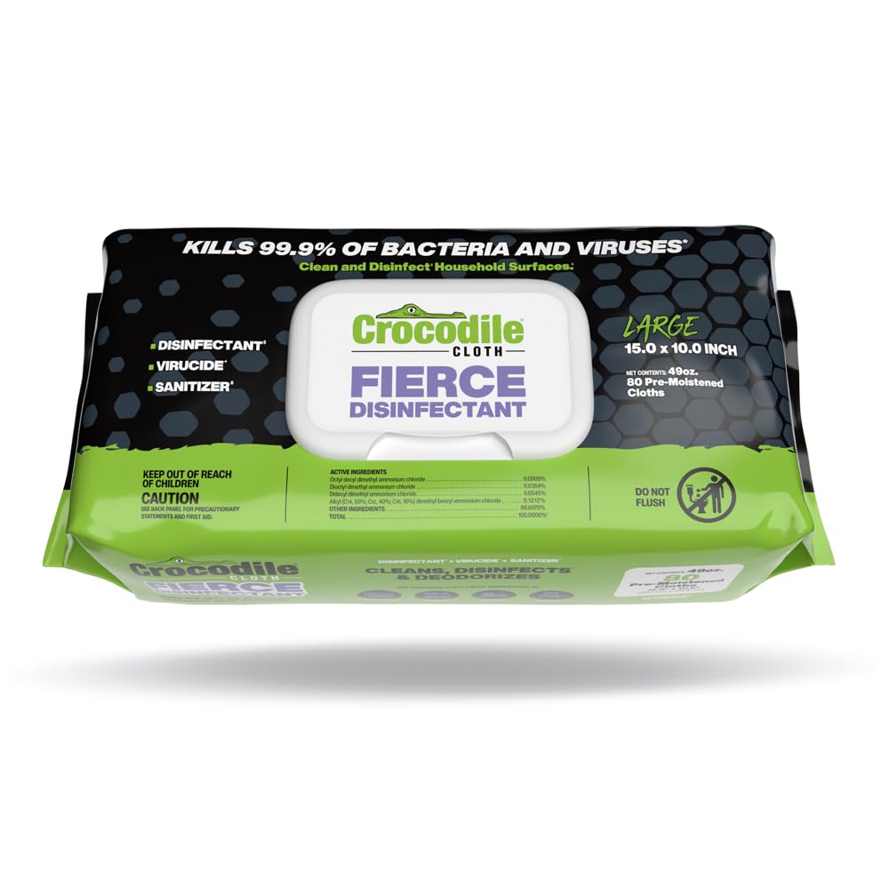 Crocodile Cloth Fierce Disinfectant Wipes - 80 Count 15" x 10" Multi-Surface Disinfecting Cleaning Cloths For Kitchens, Bathrooms, Offices & Schools