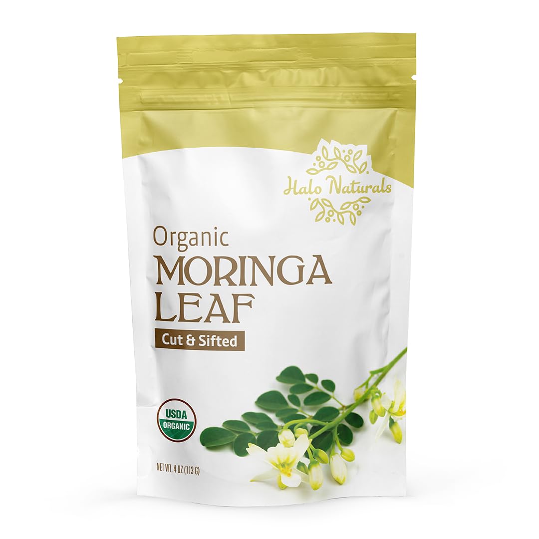 Halo Naturals Organic Moringa Leaf Cut & Sifted, 4 Ounces (Moringa oleifera) USDA Certified | Resealable Pouch| Packaged in The USA