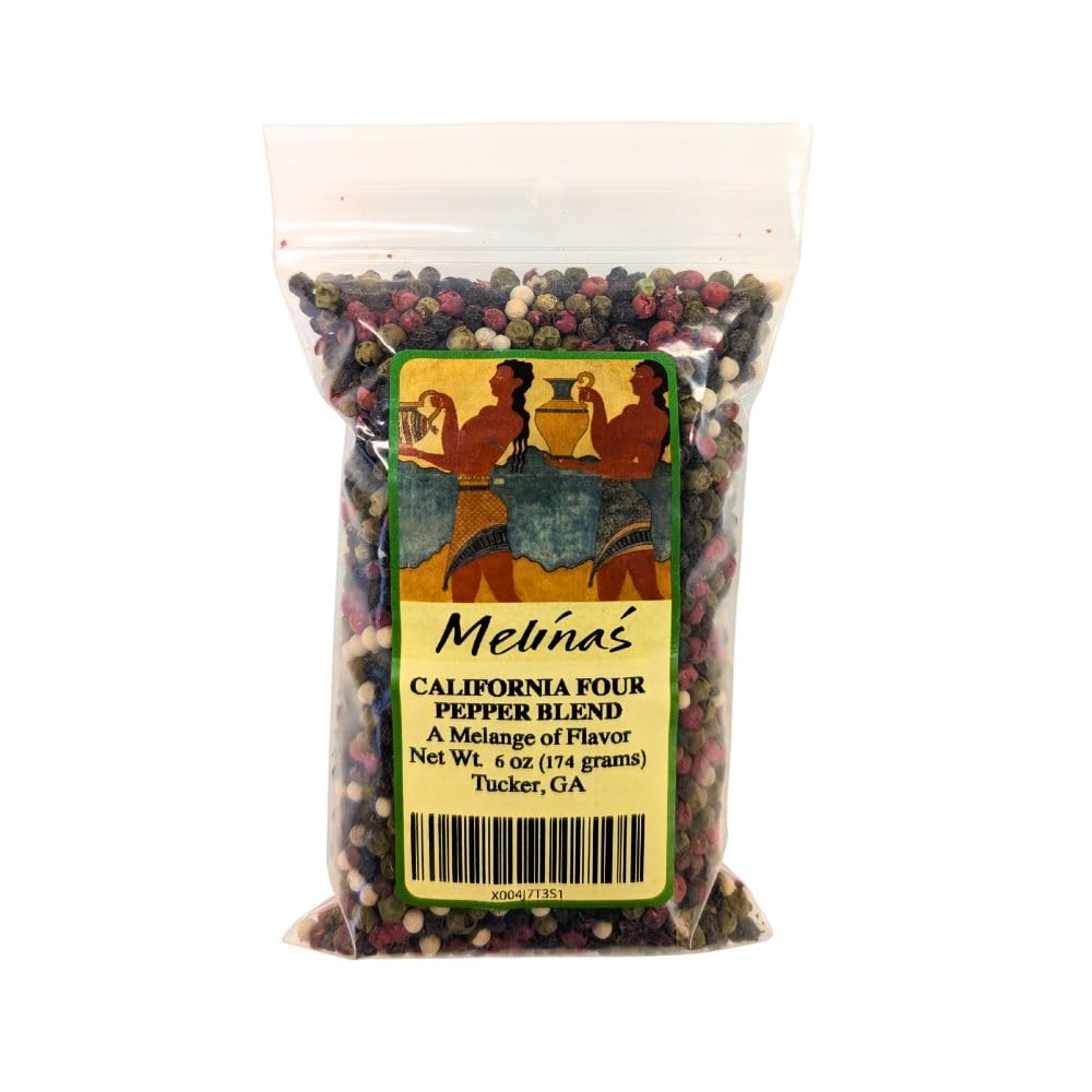 Melina’s California Four Pepper Blend - Whole Peppercorns (Black, White, Pink & Green) - 6 oz | Gourmet & Rainbow Peppercorns for Grinder Refill |
