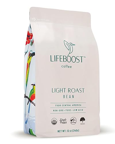 Lifeboost Light Roast Whole Bean Coffee - Low Acid Organic Coffee, Non-GMO, USDA Organic, Single Origin, Third-Party Tested for Mycotoxins