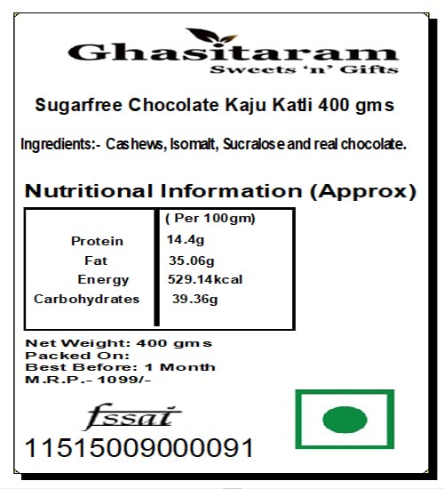 Ghasitaram Gifts Rakhi Gifts for Brothers Ghasitarams Sweets Sugarfree Chocolate Kaju Katli 400 GMS with Beads Rakhi